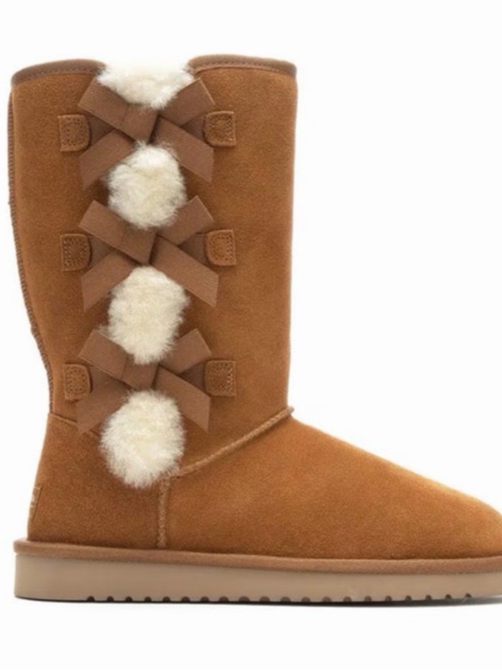 Koolaburra Ugg Chestnut Suede Pom-Pom Bow Mid-Calf Winter Boots
